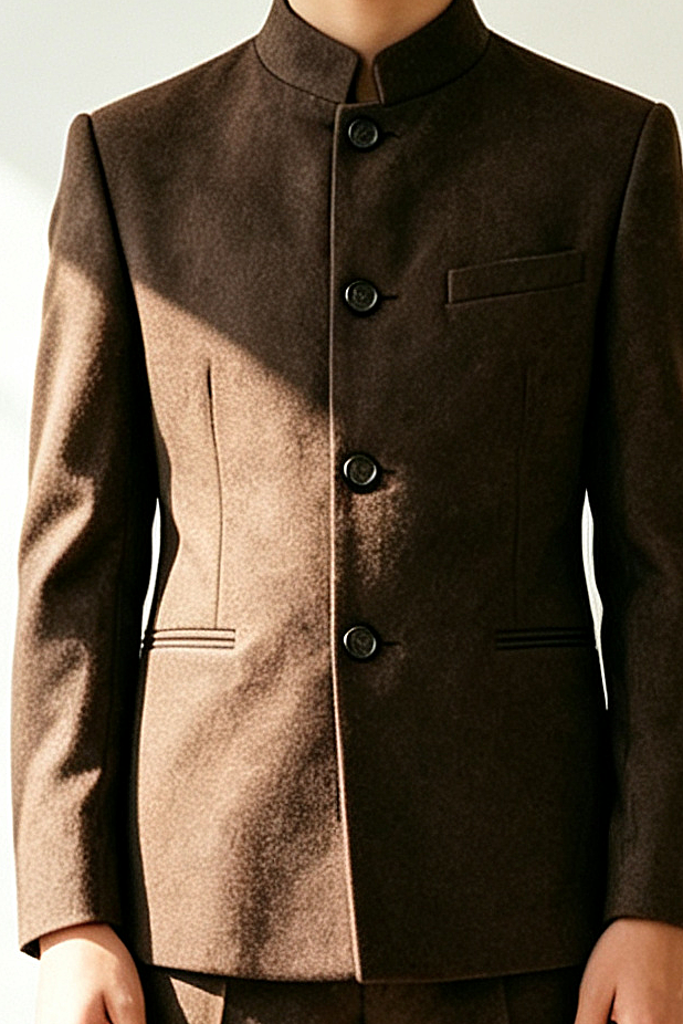 Deep Brown Boys Vicuna Mandarin Collar Single Breasted Formal 2 Piece Suit
