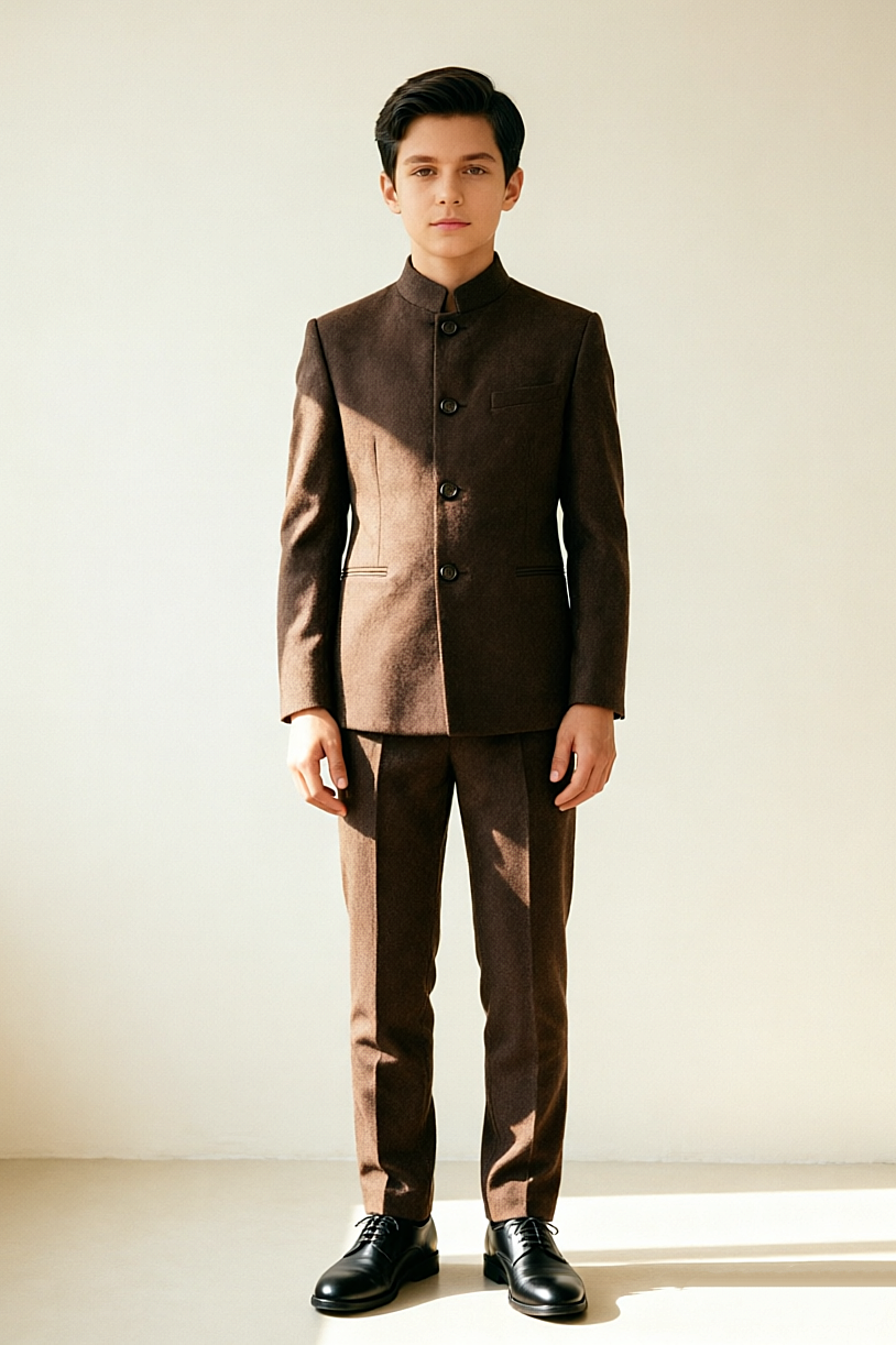 Deep Brown Boys Vicuna Mandarin Collar Single Breasted Formal 2 Piece Suit