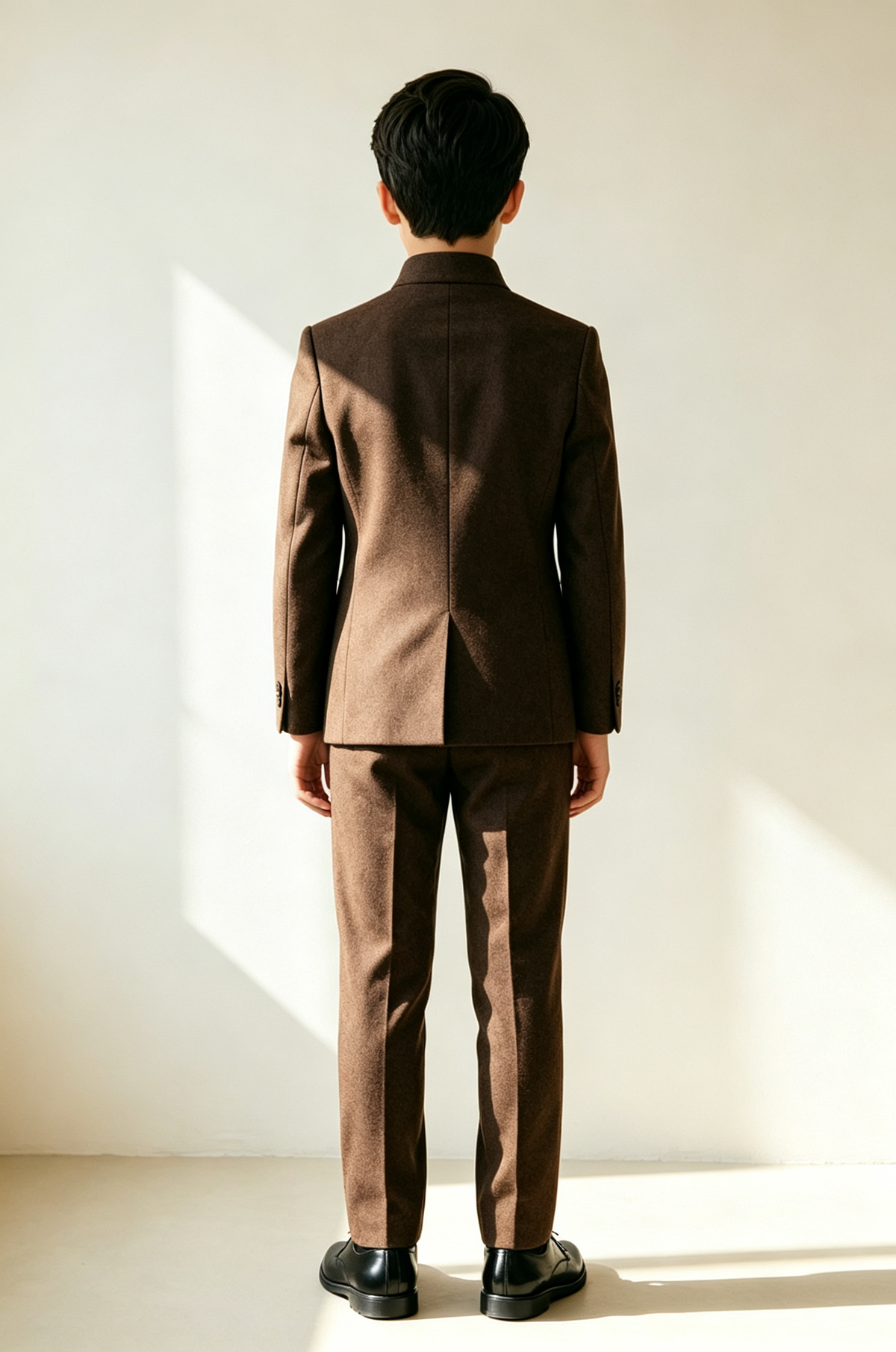Deep Brown Boys Vicuna Mandarin Collar Single Breasted Formal 2 Piece Suit