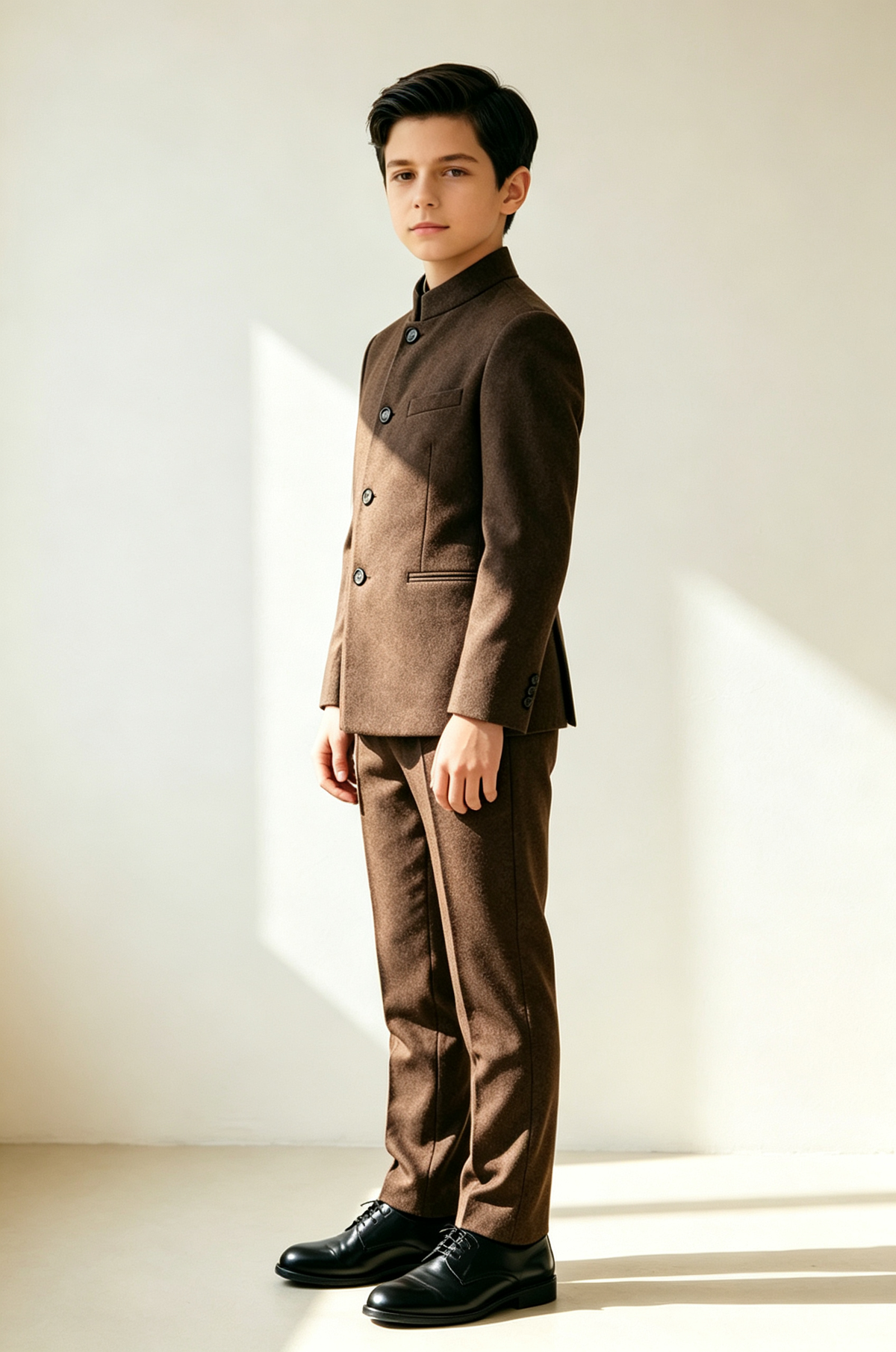Deep Brown Boys Vicuna Mandarin Collar Single Breasted Formal 2 Piece Suit