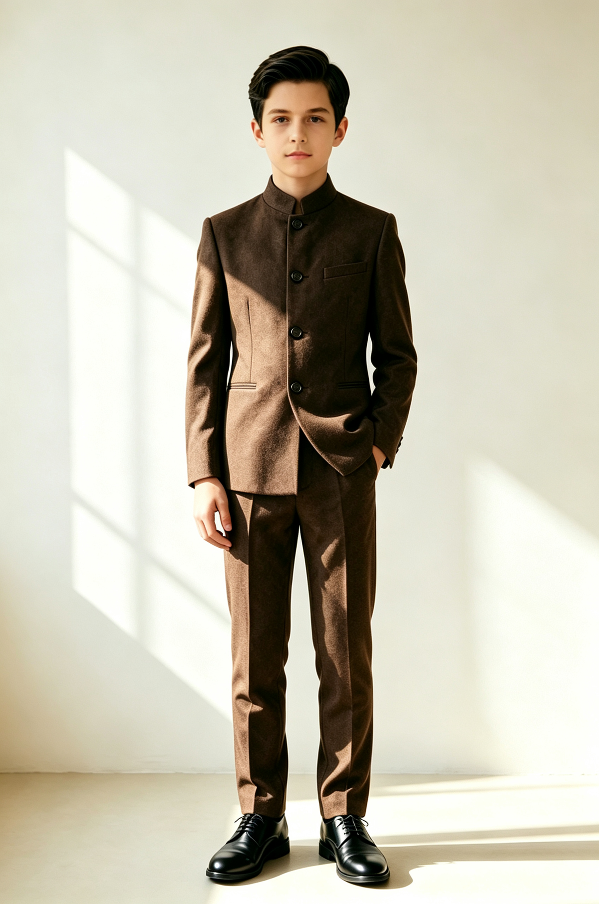 Deep Brown Boys Vicuna Mandarin Collar Single Breasted Formal 2 Piece Suit