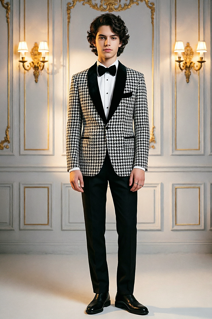 Black & White Houndstooth Boys Velvet Shawl Lapel Single Breasted 2 Piece Suit