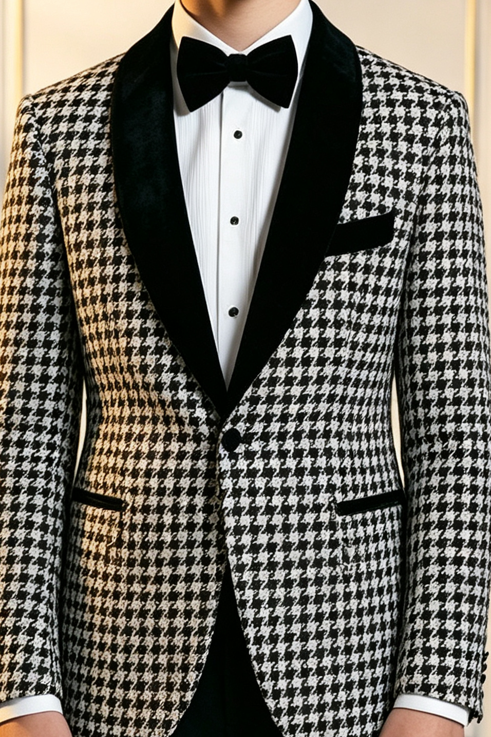 Black & White Houndstooth Boys Velvet Shawl Lapel Single Breasted 2 Piece Suit
