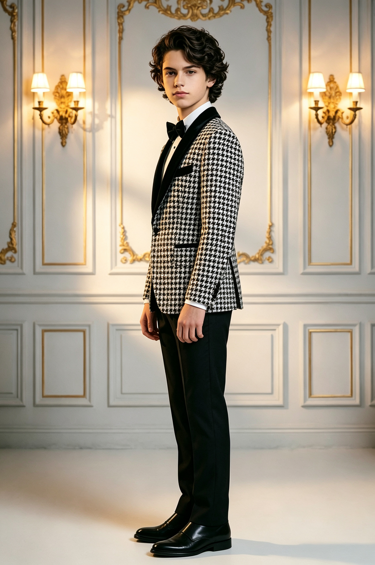 Black & White Houndstooth Boys Velvet Shawl Lapel Single Breasted 2 Piece Suit