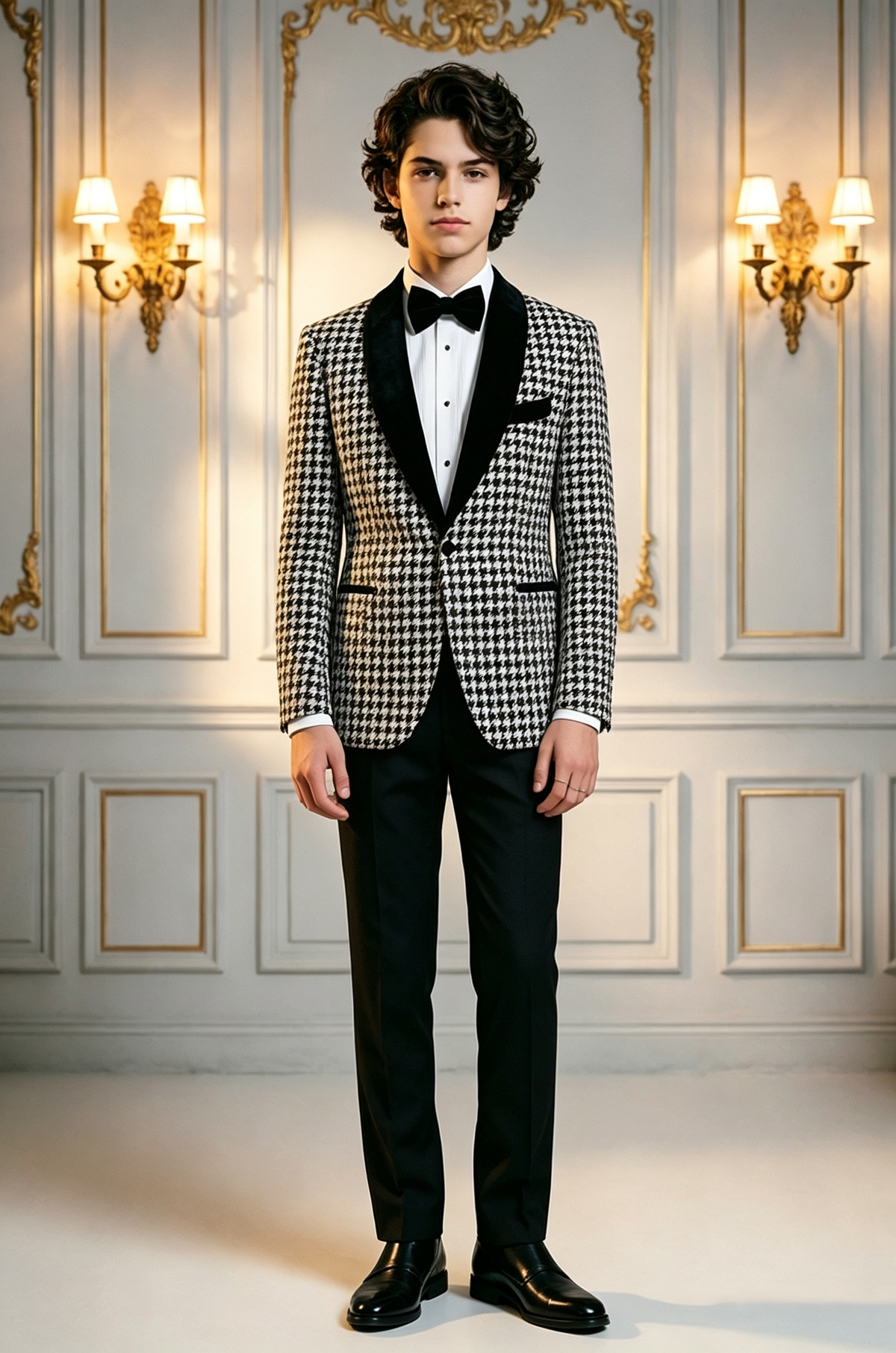 Black & White Houndstooth Boys Velvet Shawl Lapel Single Breasted 2 Piece Suit