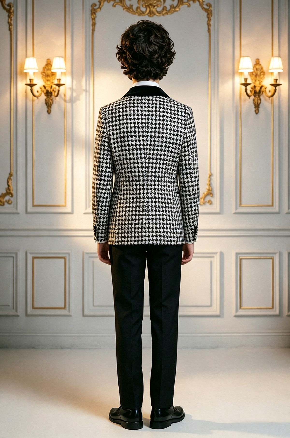 Black & White Houndstooth Boys Velvet Shawl Lapel Single Breasted 2 Piece Suit