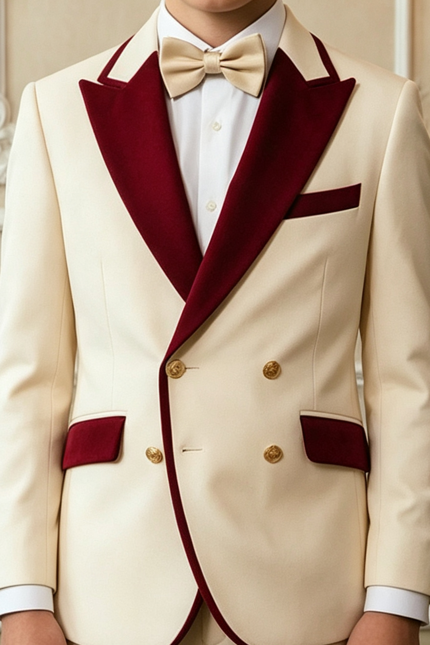 Cream & Burgundy Velvet Lapel Double Breasted 2 Piece Suit
