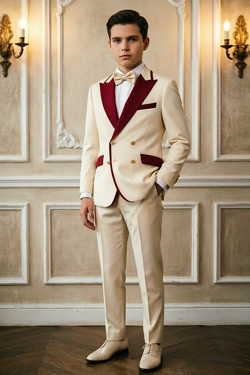 Cream & Burgundy Velvet Lapel Double Breasted 2 Piece Suit