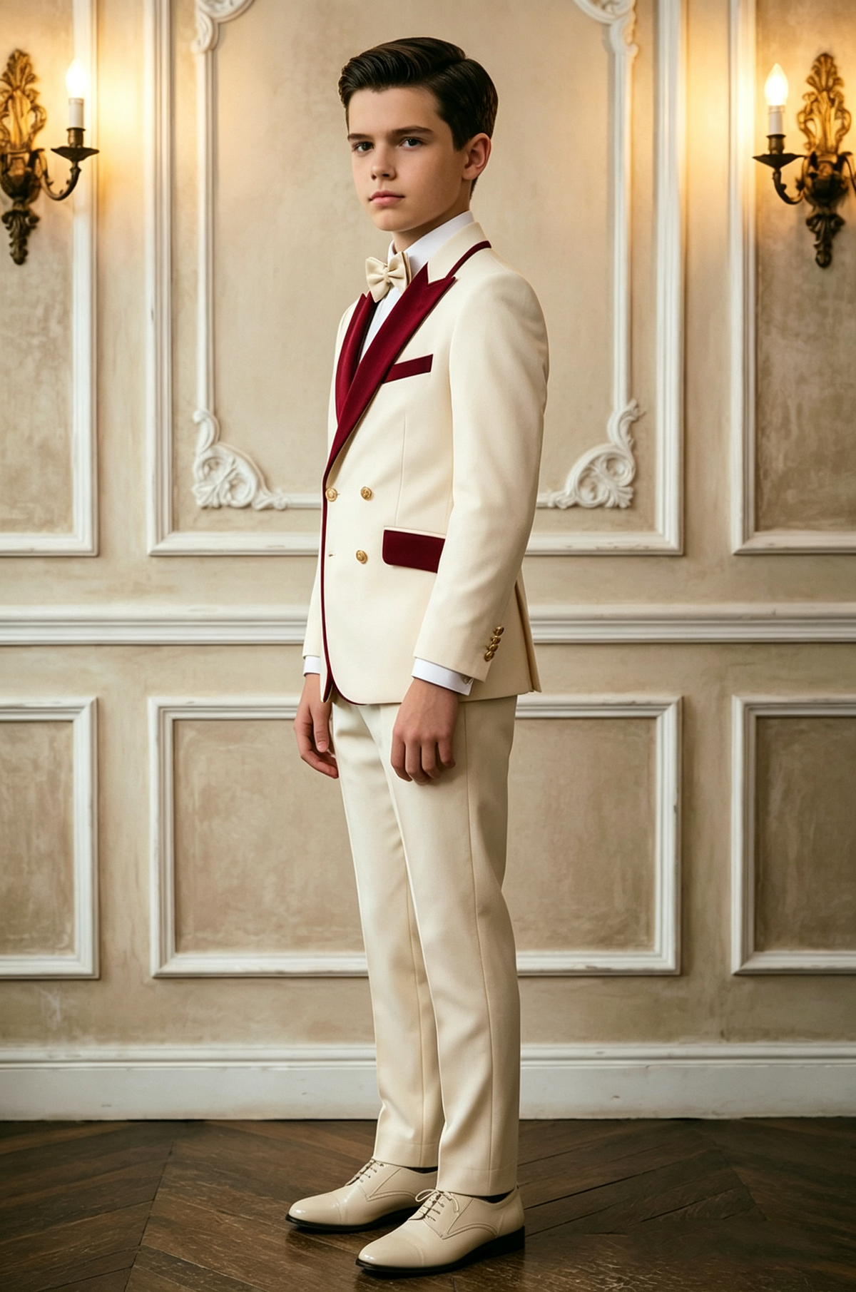 Cream & Burgundy Velvet Lapel Double Breasted 2 Piece Suit