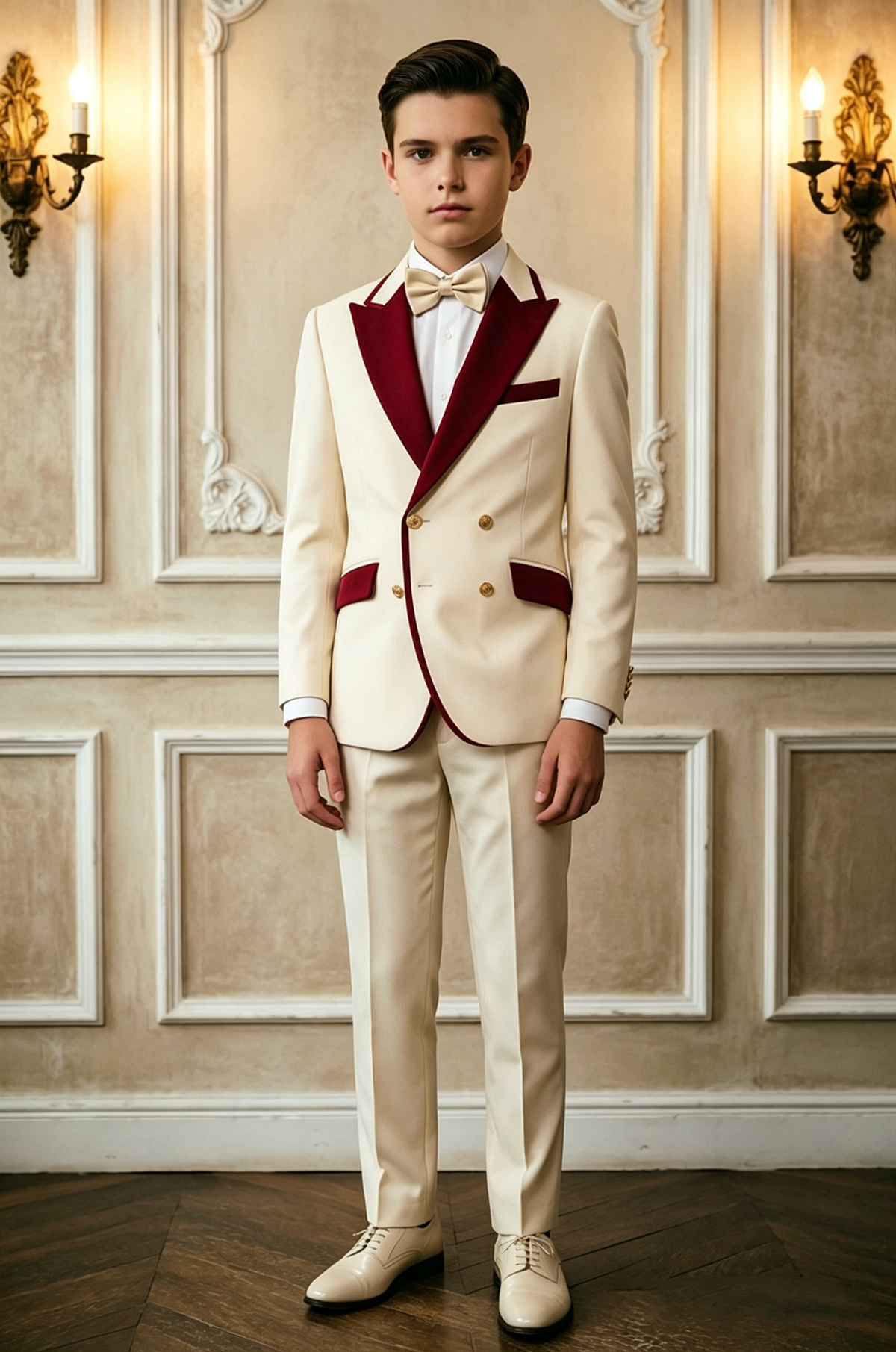 Cream & Burgundy Velvet Lapel Double Breasted 2 Piece Suit