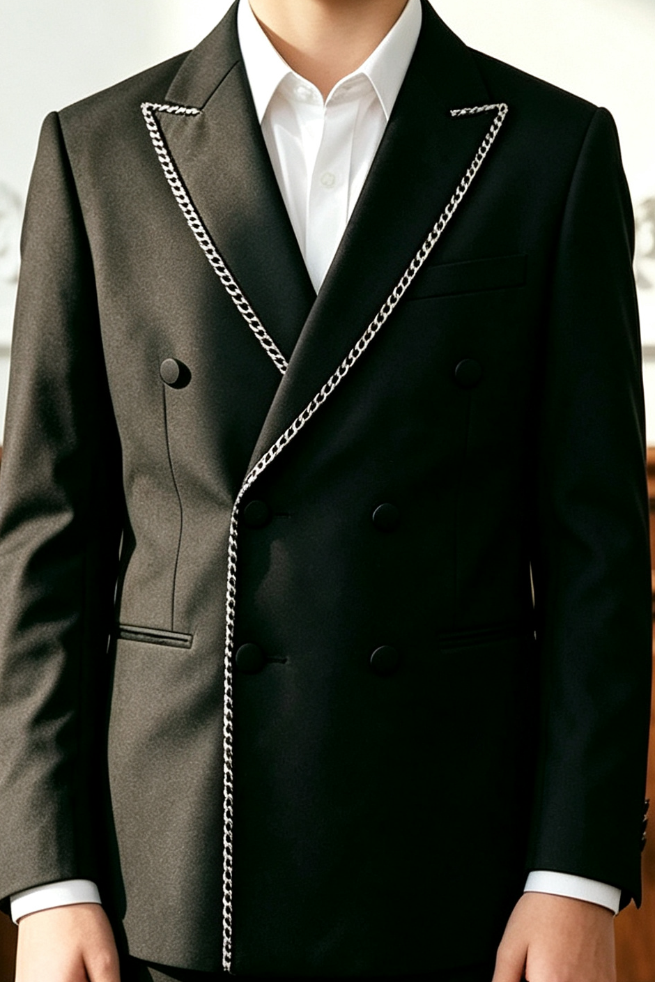 Black Boys Double Breasted 2 Piece Suit with Silver Chain Fabric Piping