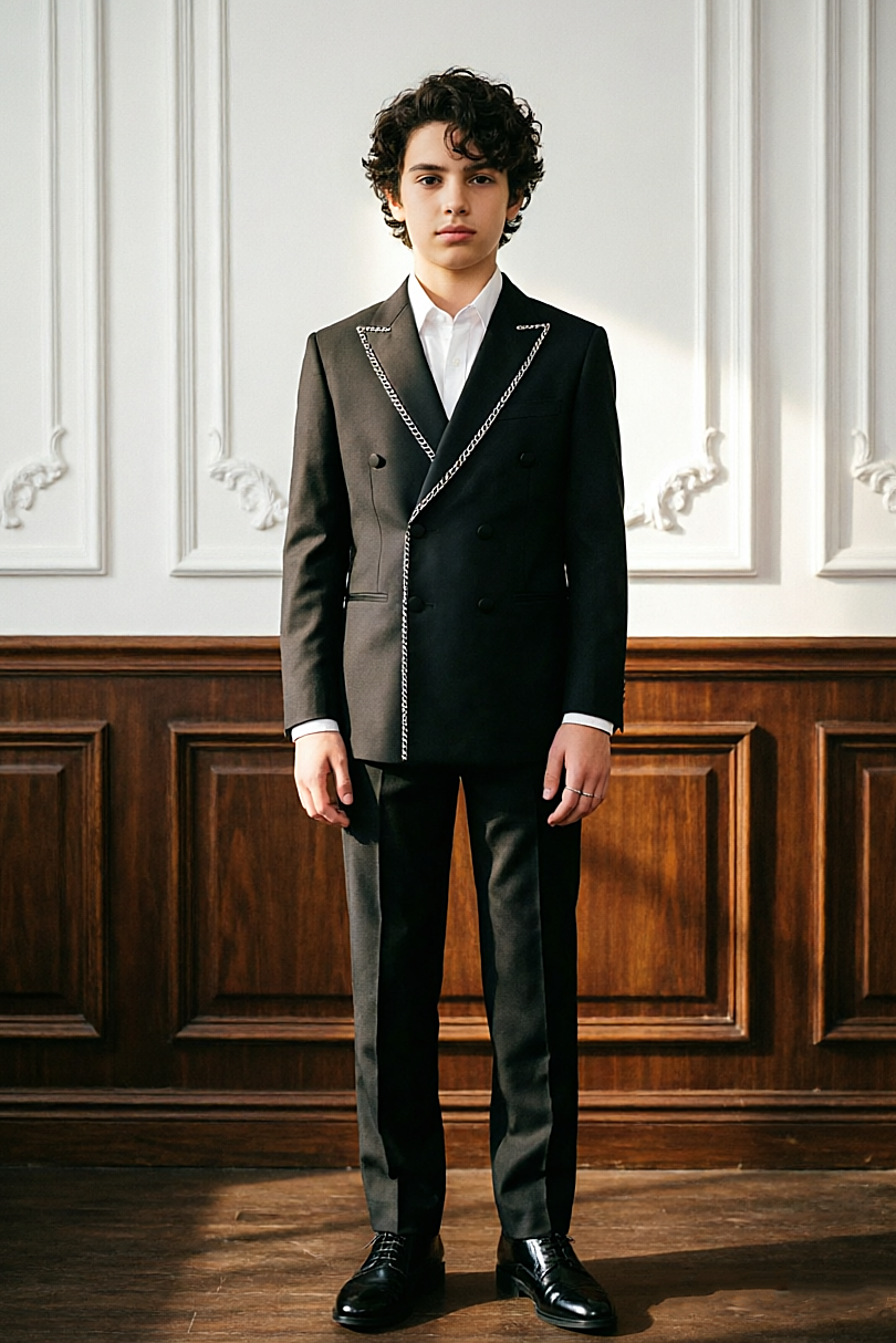 Black Boys Double Breasted 2 Piece Suit with Silver Chain Fabric Piping