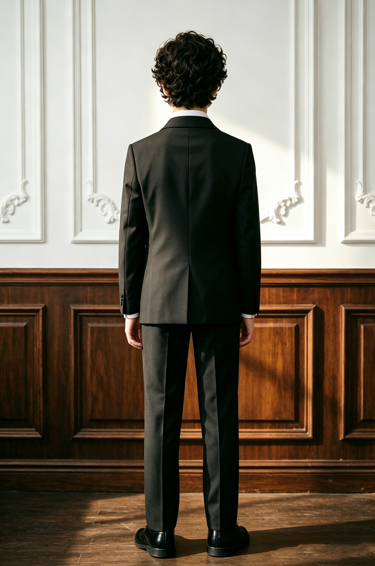 Black Boys Double Breasted 2 Piece Suit with Silver Chain Fabric Piping
