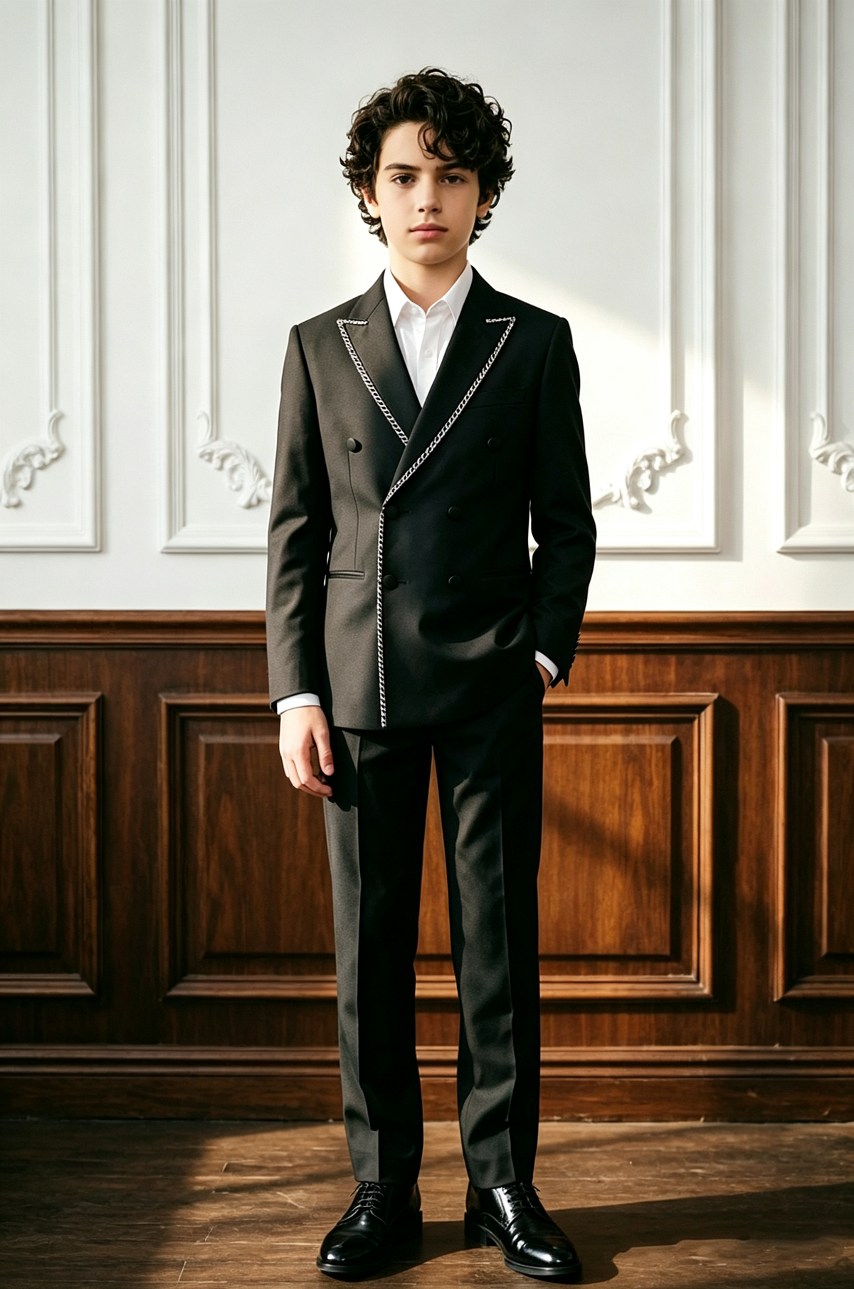 Black Boys Double Breasted 2 Piece Suit with Silver Chain Fabric Piping