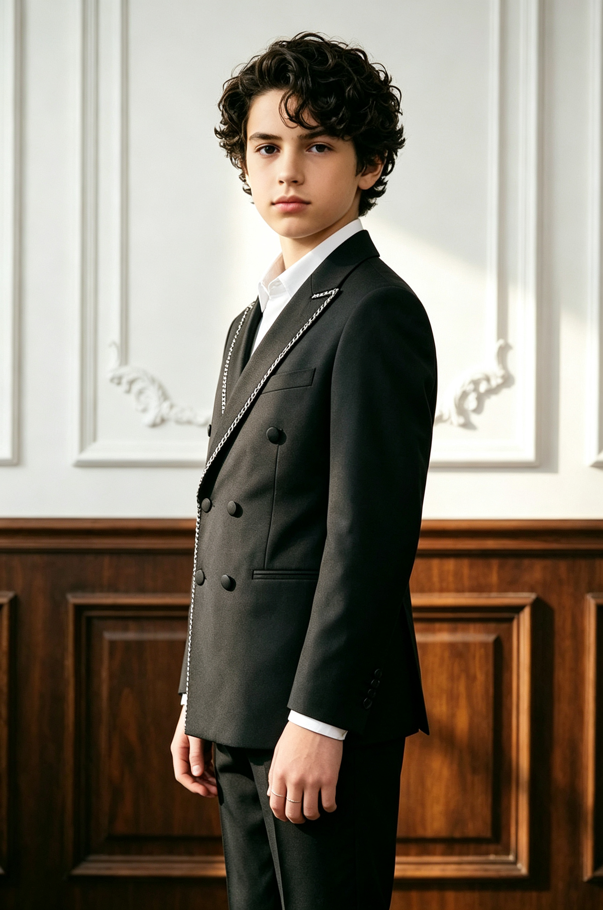 Black Boys Double Breasted 2 Piece Suit with Silver Chain Fabric Piping