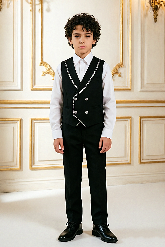 Black Boys Double Breasted 2 Piece Vest Suit with Silver Chain Fabric Piping