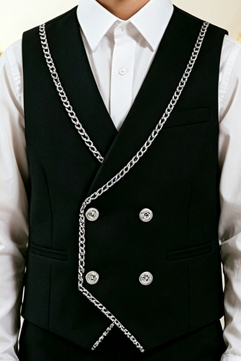 Black Boys Double Breasted 2 Piece Vest Suit with Silver Chain Fabric Piping