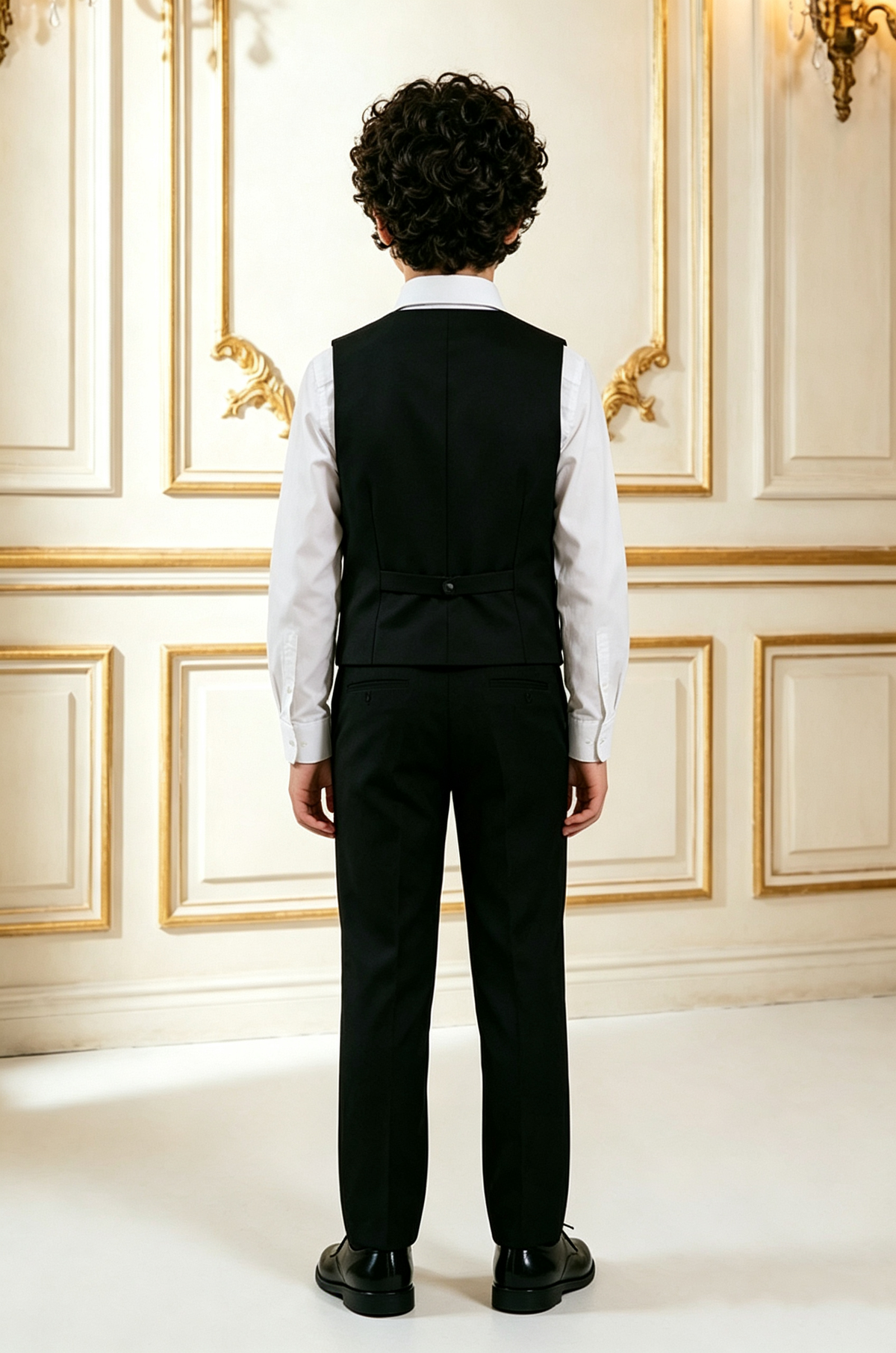Black Boys Double Breasted 2 Piece Vest Suit with Silver Chain Fabric Piping