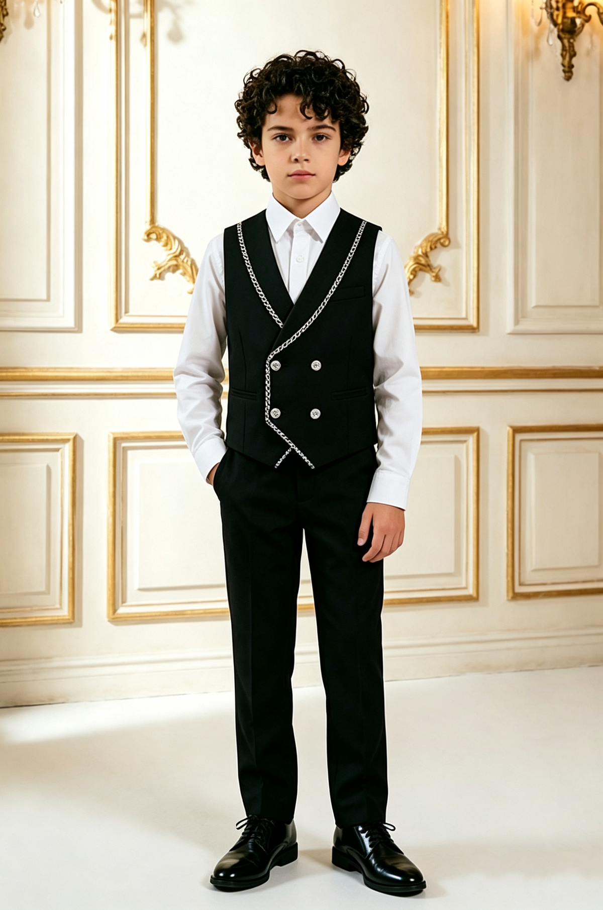 Black Boys Double Breasted 2 Piece Vest Suit with Silver Chain Fabric Piping