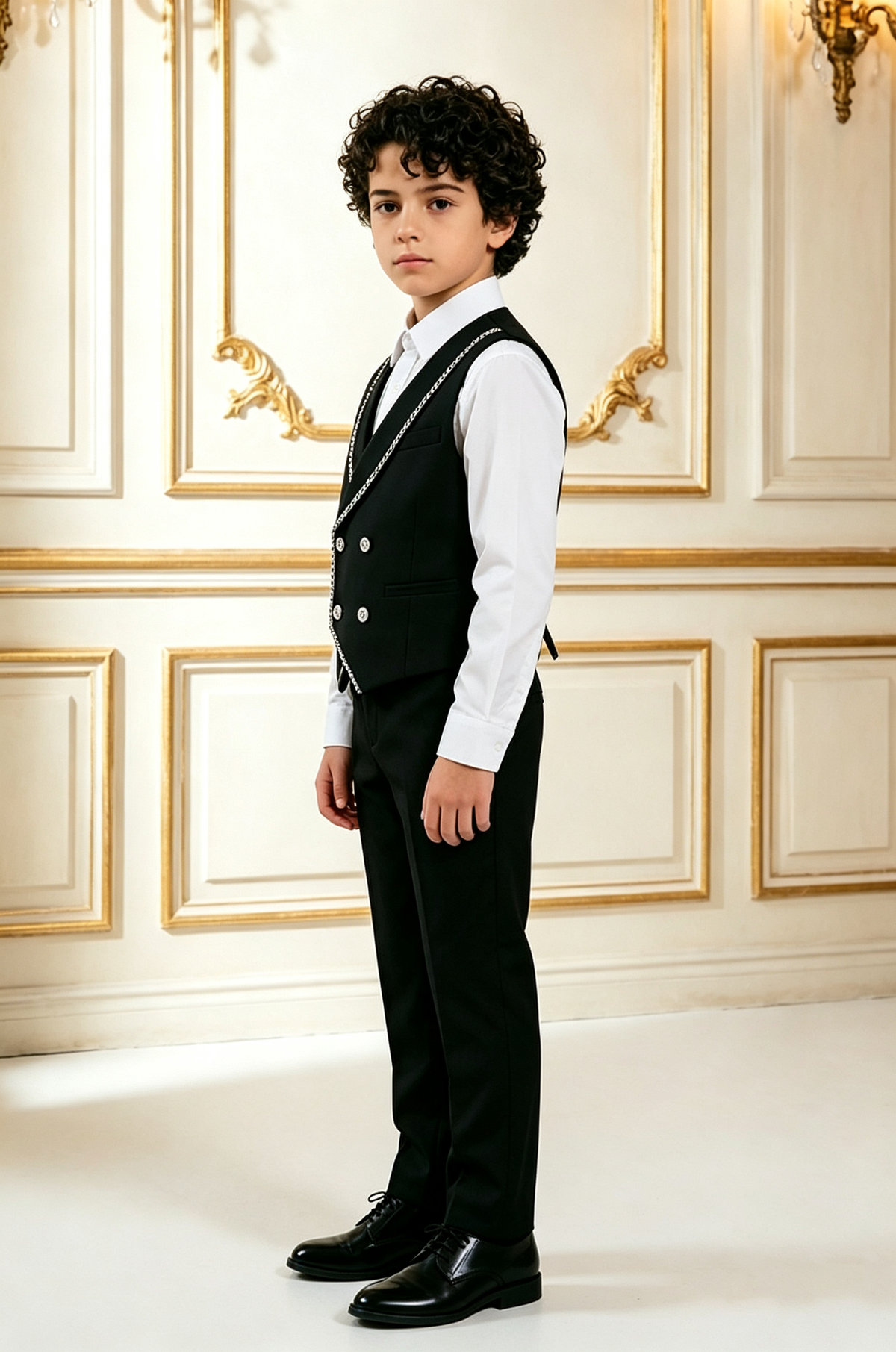 Black Boys Double Breasted 2 Piece Vest Suit with Silver Chain Fabric Piping