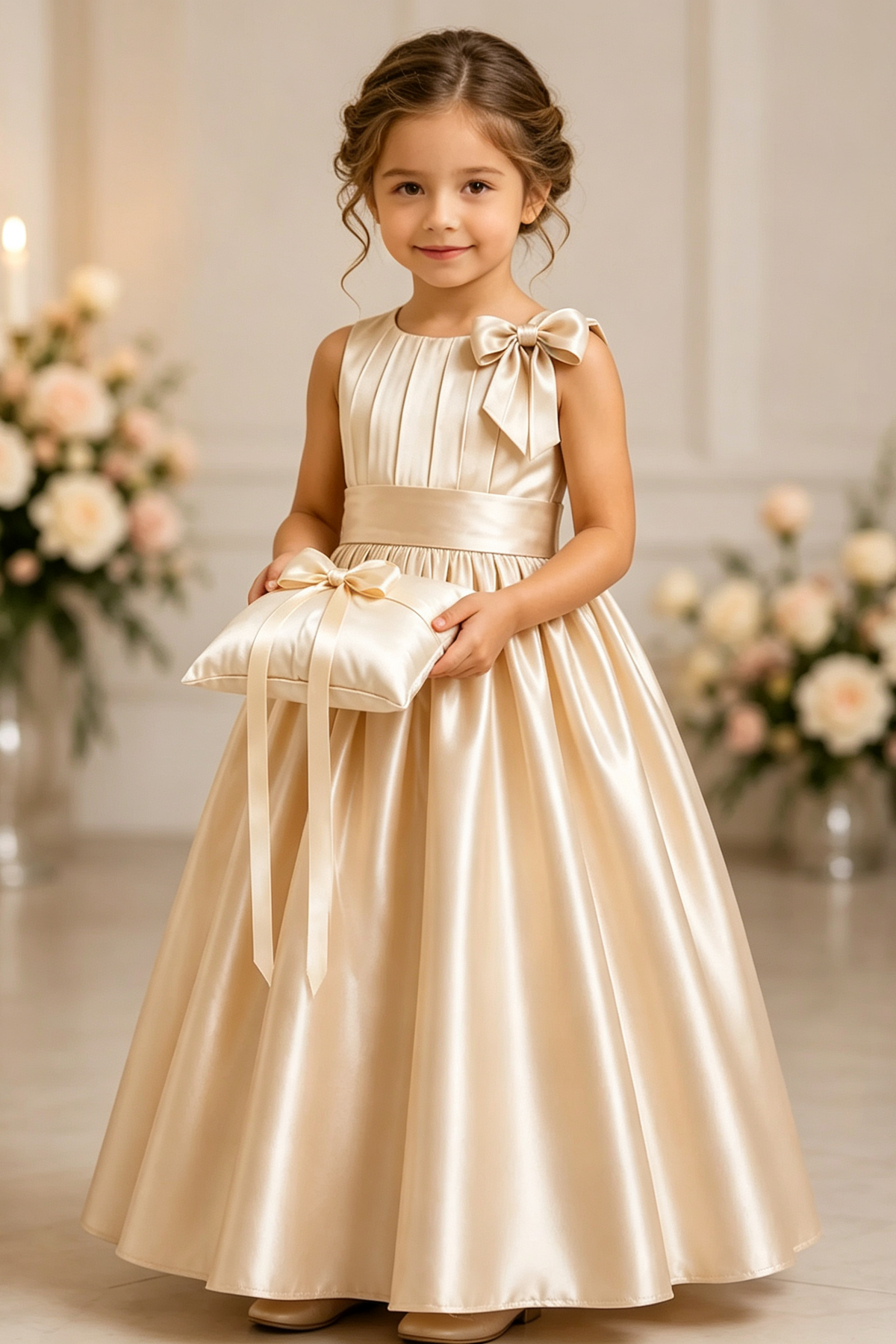 Champagne Girls Satin Sleeveless Round Neck Bow A-Line Flower Girl Dress