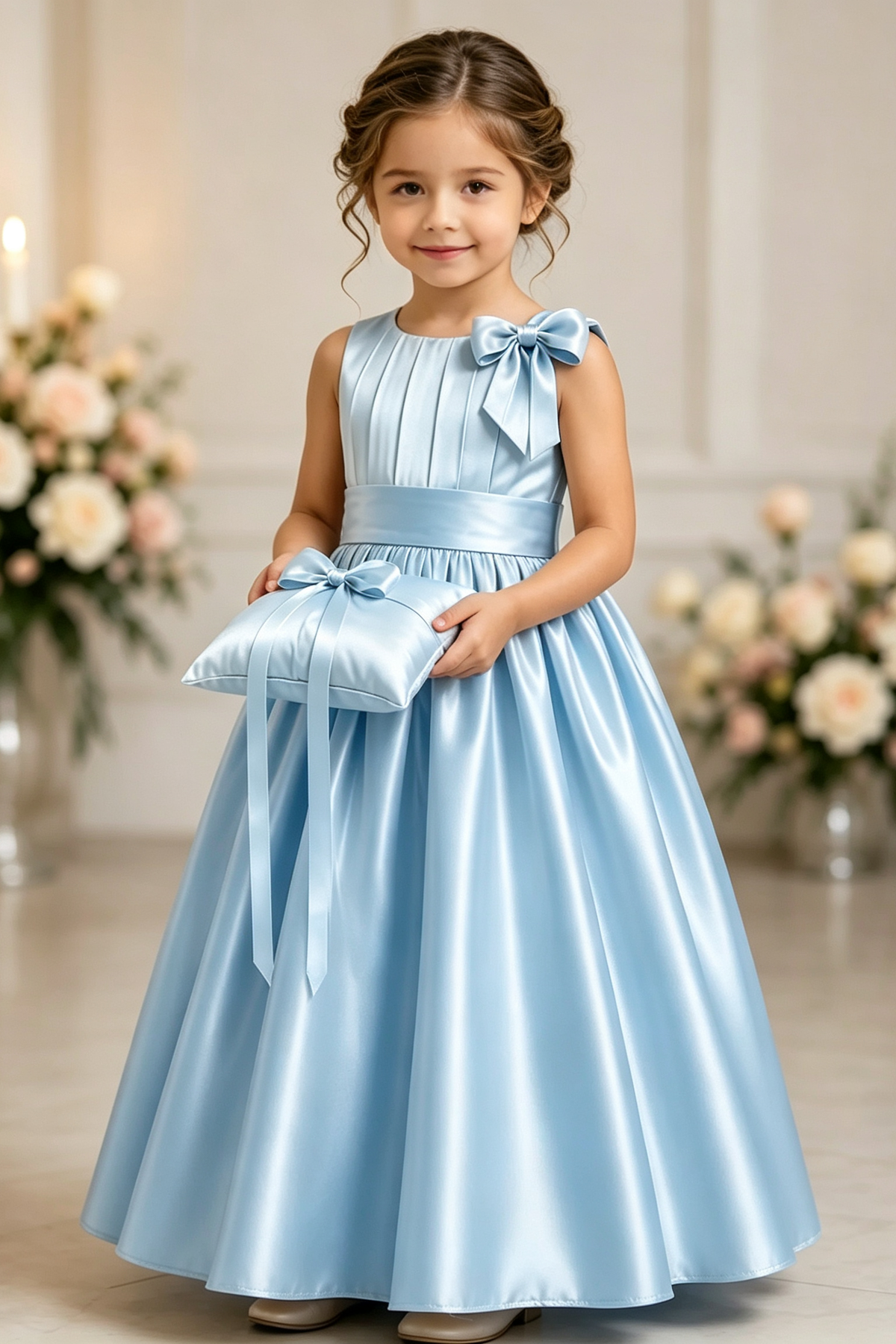 Champagne Girls Satin Sleeveless Round Neck Bow A-Line Flower Girl Dress