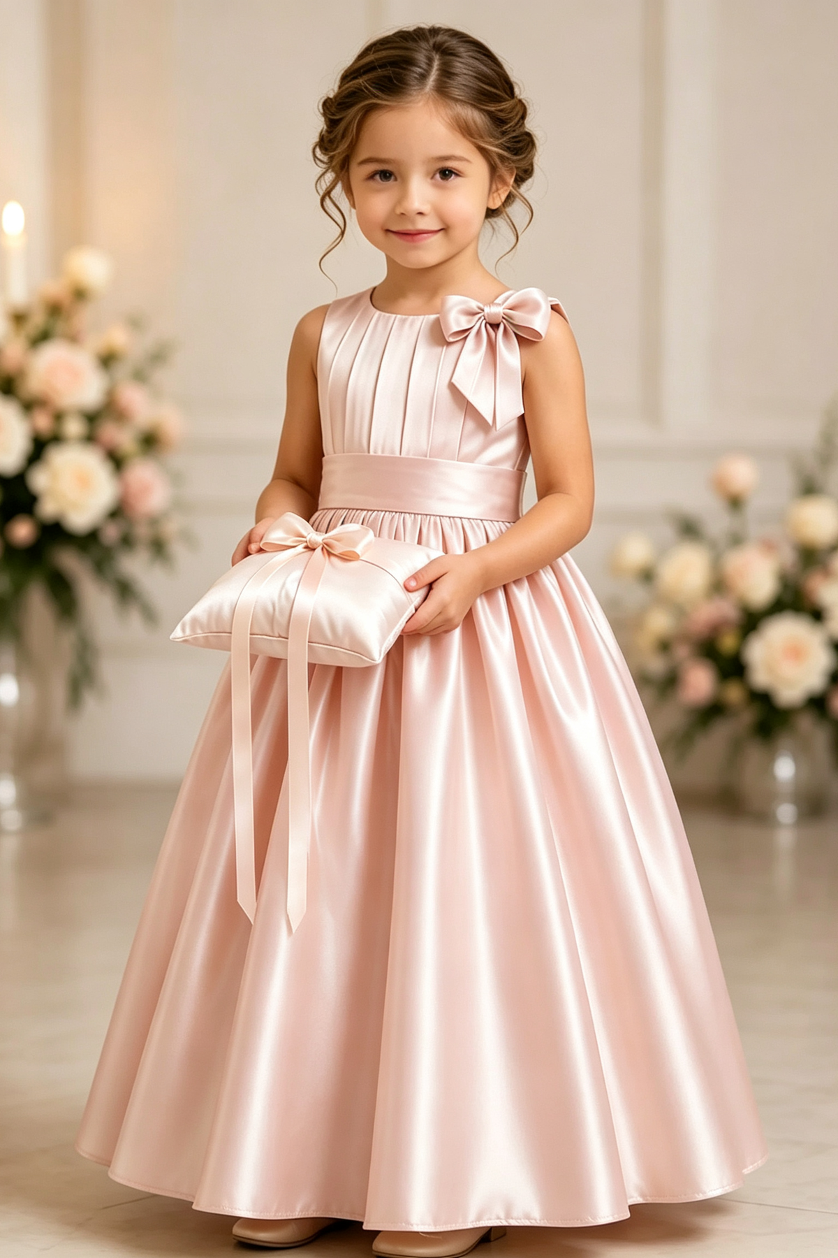 Champagne Girls Satin Sleeveless Round Neck Bow A-Line Flower Girl Dress