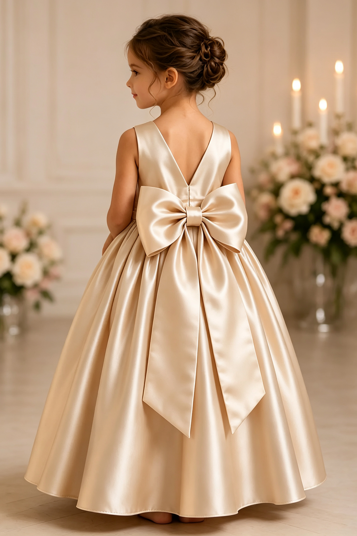 Champagne Girls Satin Sleeveless Round Neck Bow A-Line Flower Girl Dress