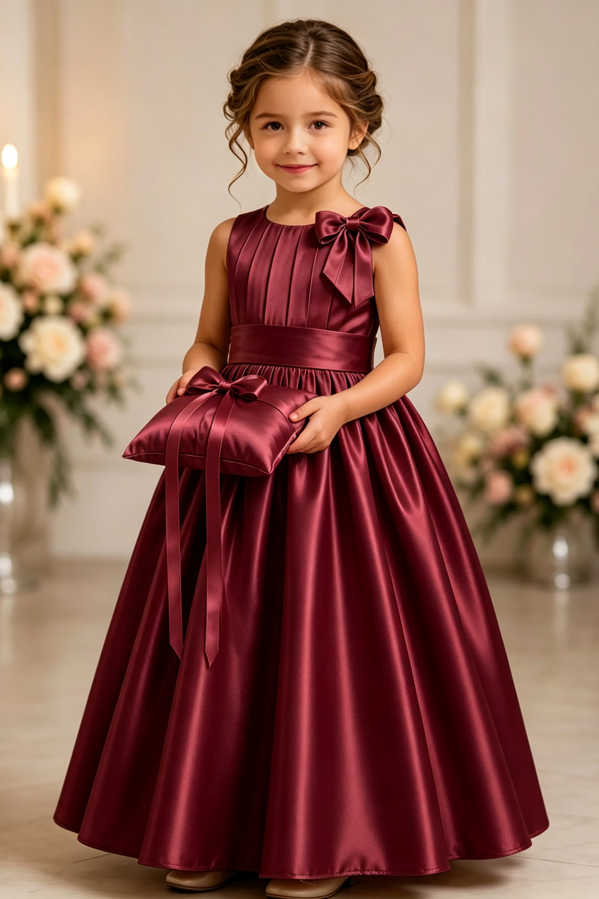Champagne Girls Satin Sleeveless Round Neck Bow A-Line Flower Girl Dress