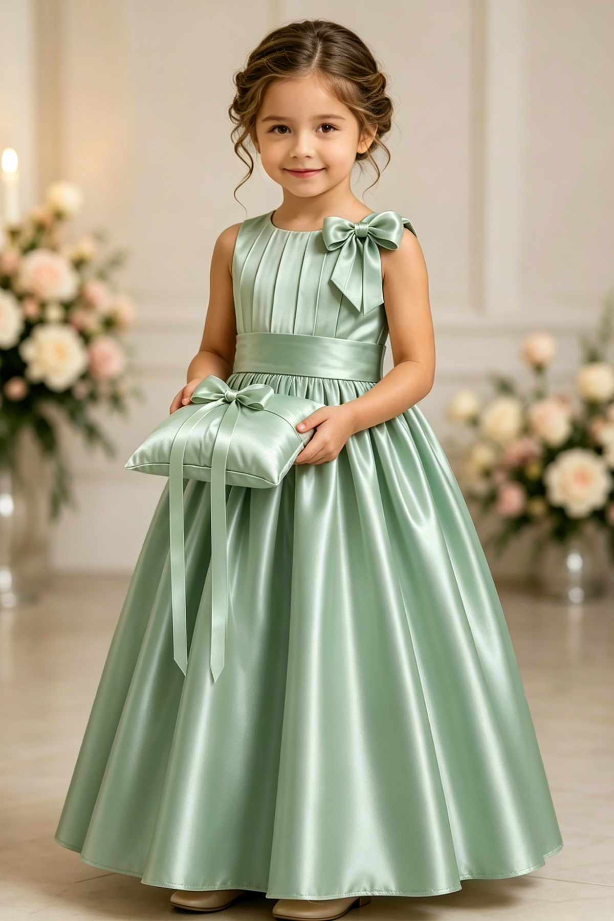 Champagne Girls Satin Sleeveless Round Neck Bow A-Line Flower Girl Dress