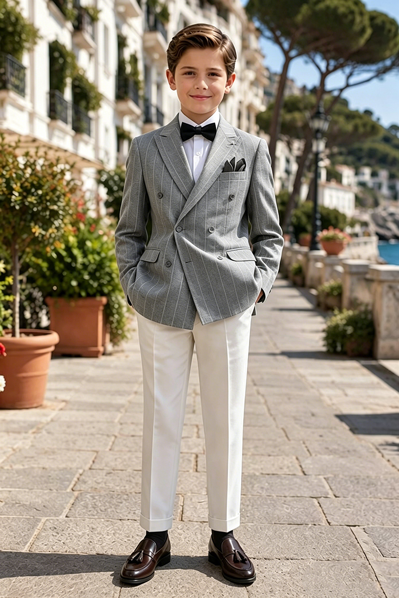 Boys Gray Pinstripe Jacket & White Trousers 2-Piece Suit for Weddings
