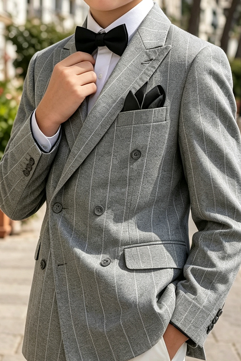 Boys Gray Pinstripe Jacket & White Trousers 2-Piece Suit for Weddings