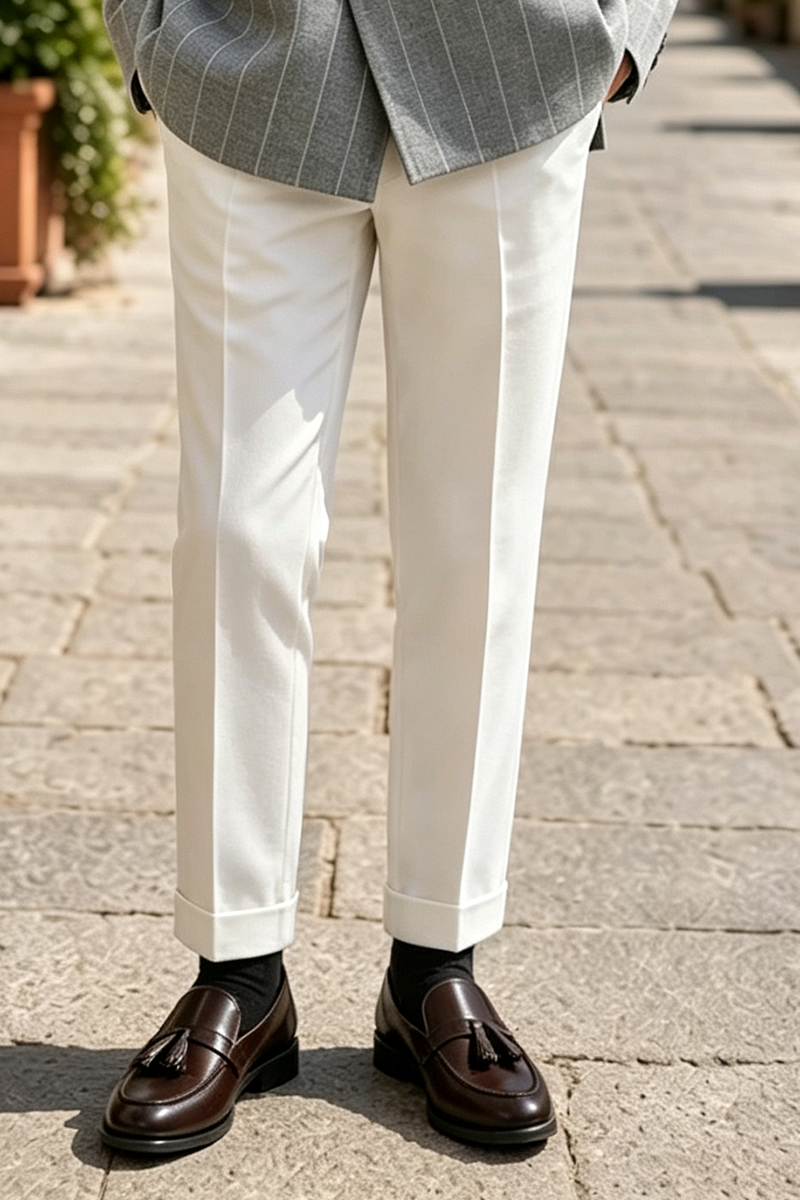 Boys Gray Pinstripe Jacket & White Trousers 2-Piece Suit for Weddings