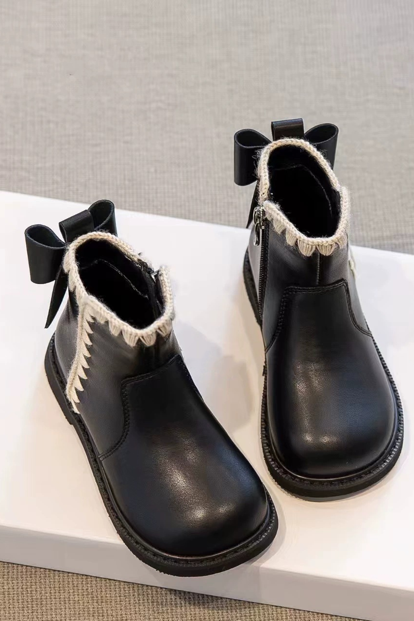 Black Faux Leather Ankle Boots with Cream Knit Scalloped Trim & Back Bow