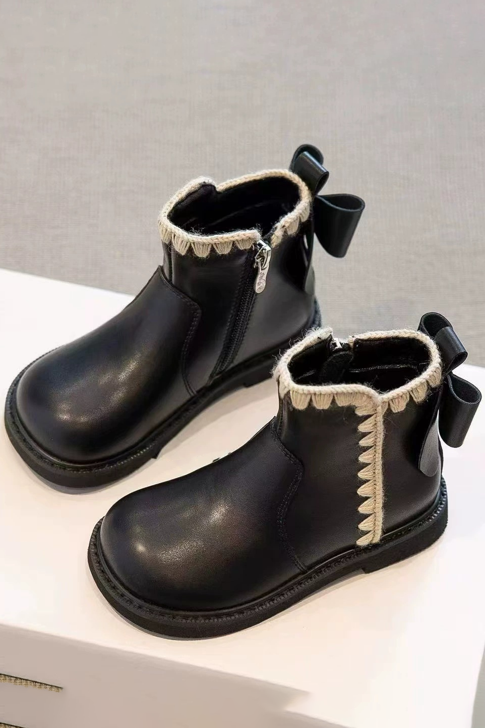 Black Faux Leather Ankle Boots with Cream Knit Scalloped Trim & Back Bow