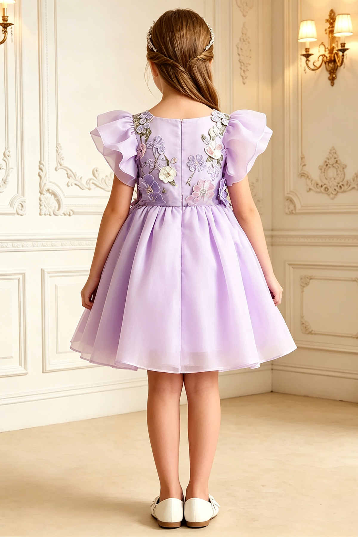 Lavender Girls 3D Floral Embroidery Organza A-Line Flower Girl Dress