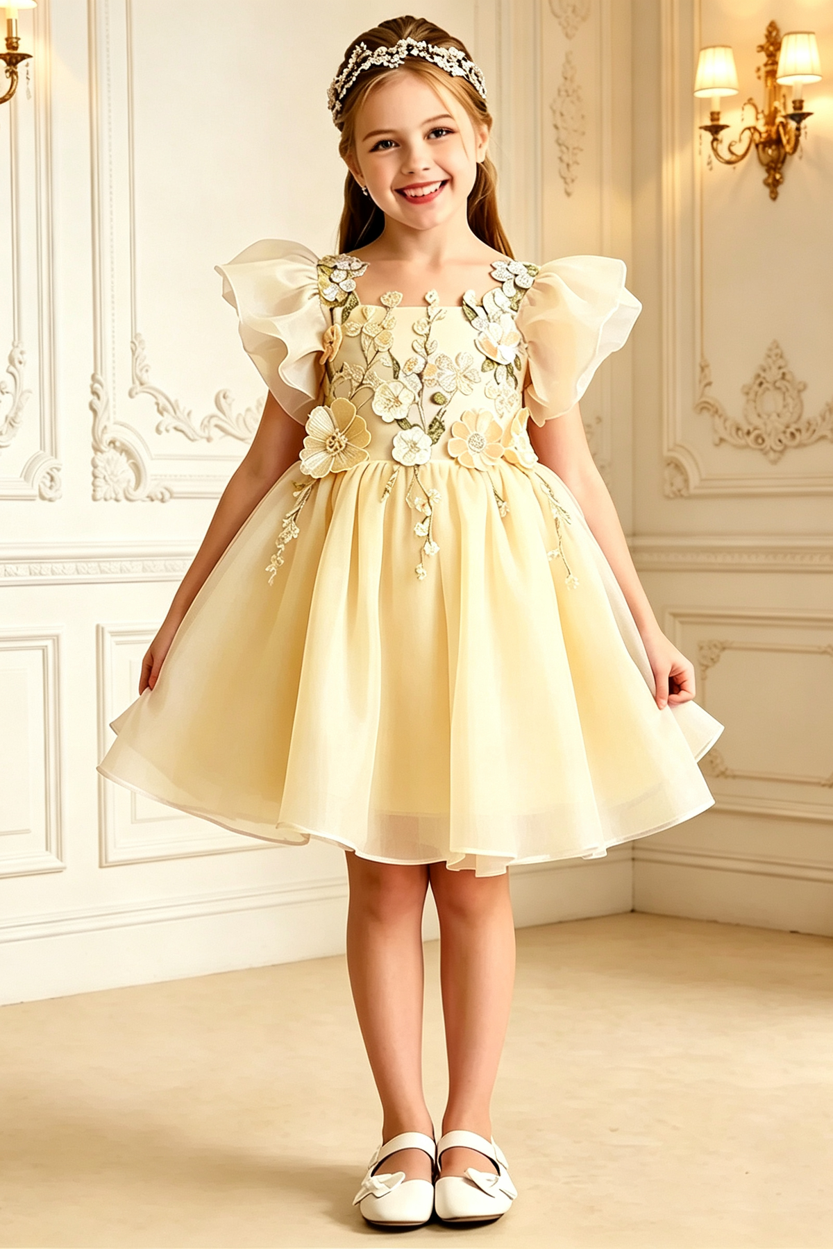 Lavender Girls 3D Floral Embroidery Organza A-Line Flower Girl Dress