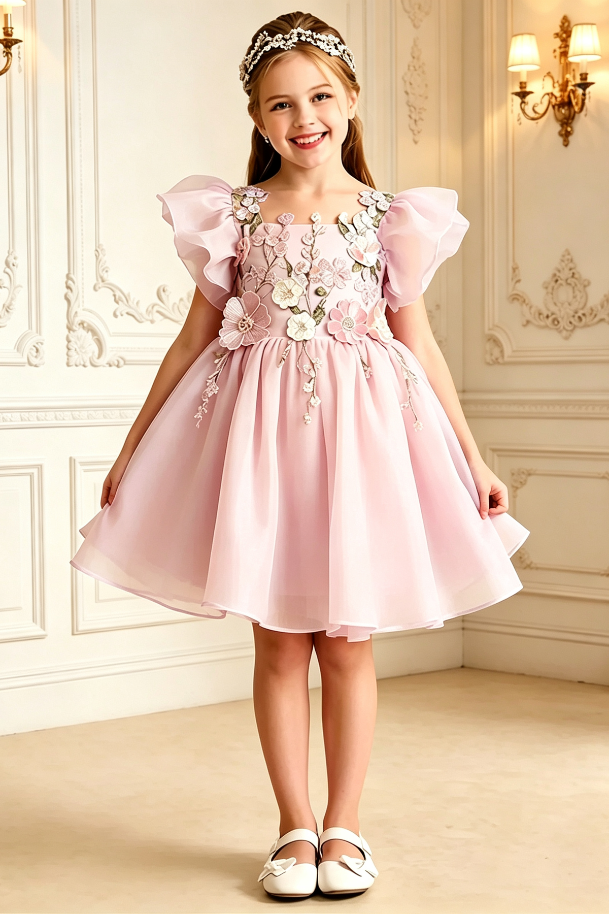 Lavender Girls 3D Floral Embroidery Organza A-Line Flower Girl Dress