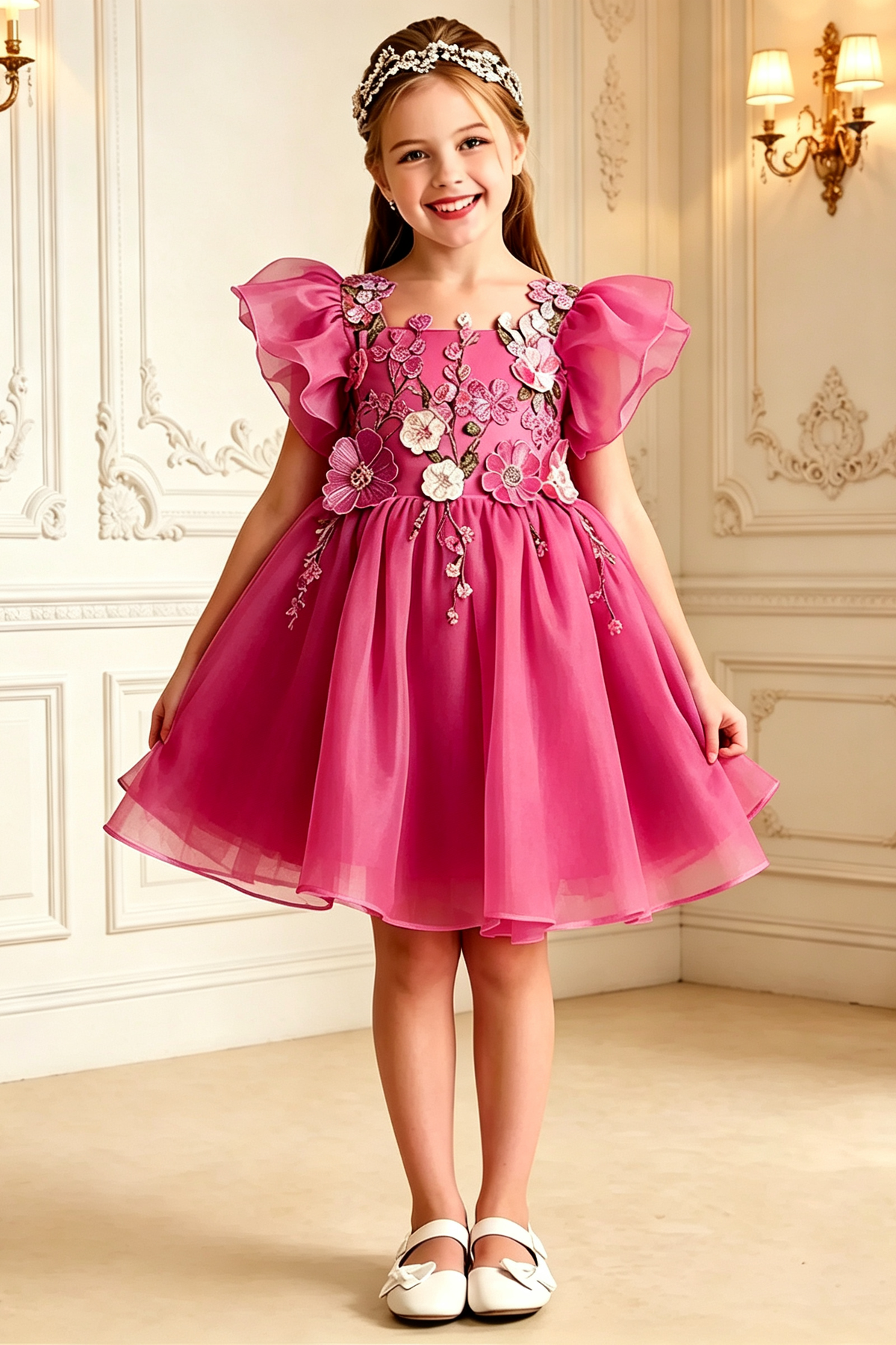 Lavender Girls 3D Floral Embroidery Organza A-Line Flower Girl Dress