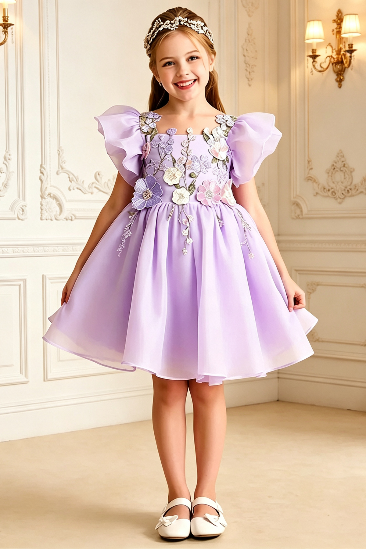 Lavender Girls 3D Floral Embroidery Organza A-Line Flower Girl Dress