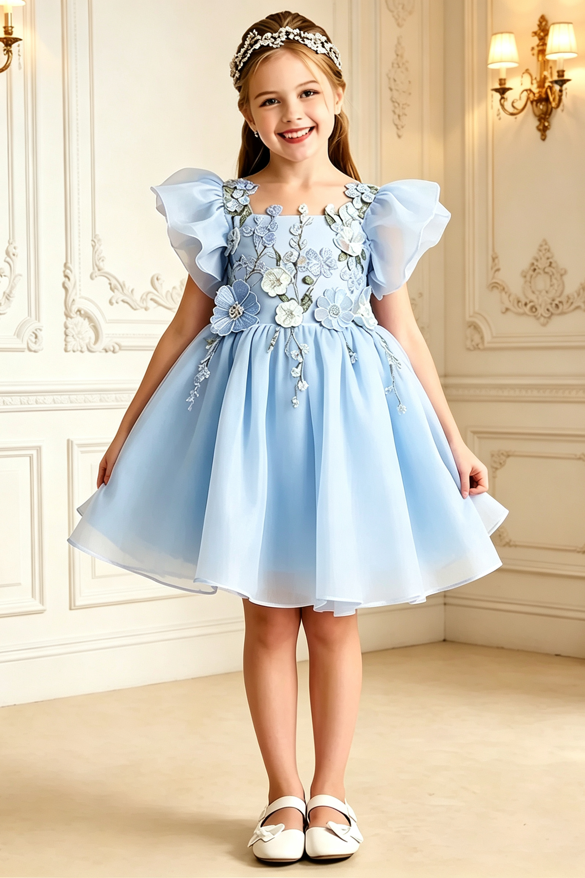 Lavender Girls 3D Floral Embroidery Organza A-Line Flower Girl Dress