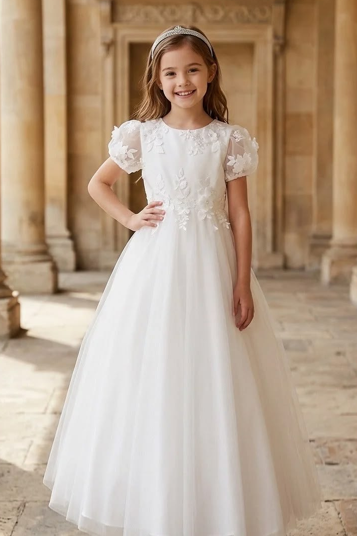 White Puff Short Sleeves Lace 3D Floral Appliques Tulle A-Line Flower Girl Dress