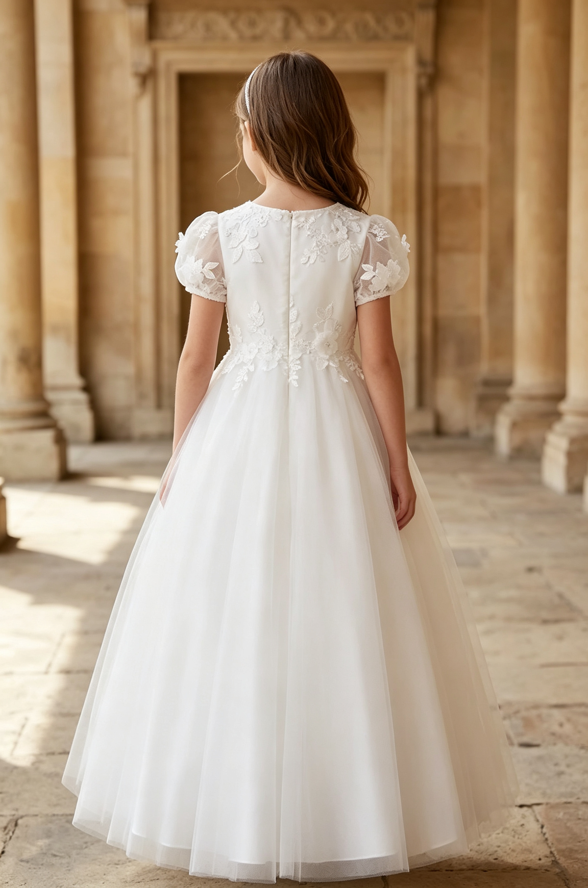 White Puff Short Sleeves Lace 3D Floral Appliques Tulle A-Line Flower Girl Dress