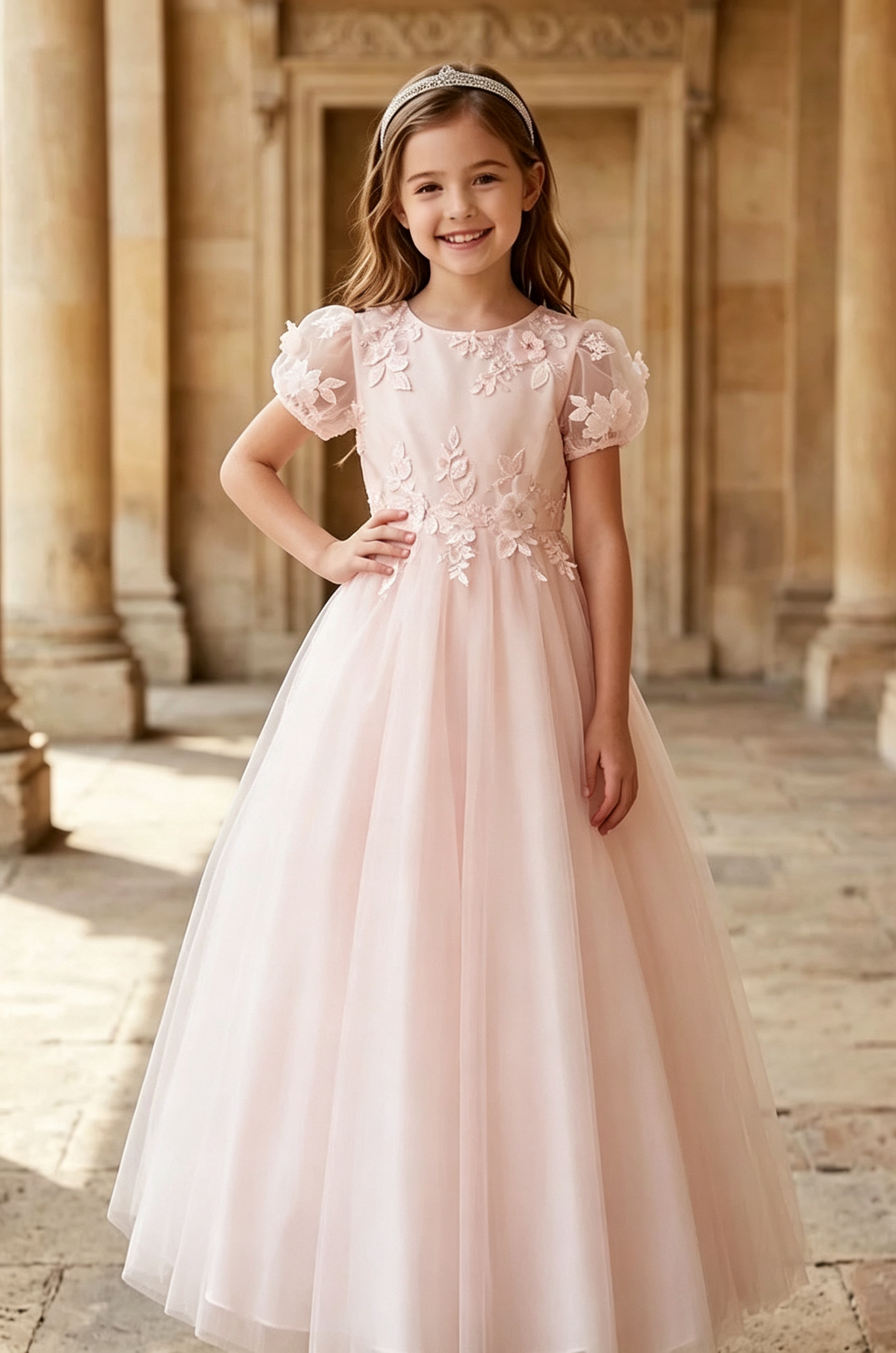 White Puff Short Sleeves Lace 3D Floral Appliques Tulle A-Line Flower Girl Dress