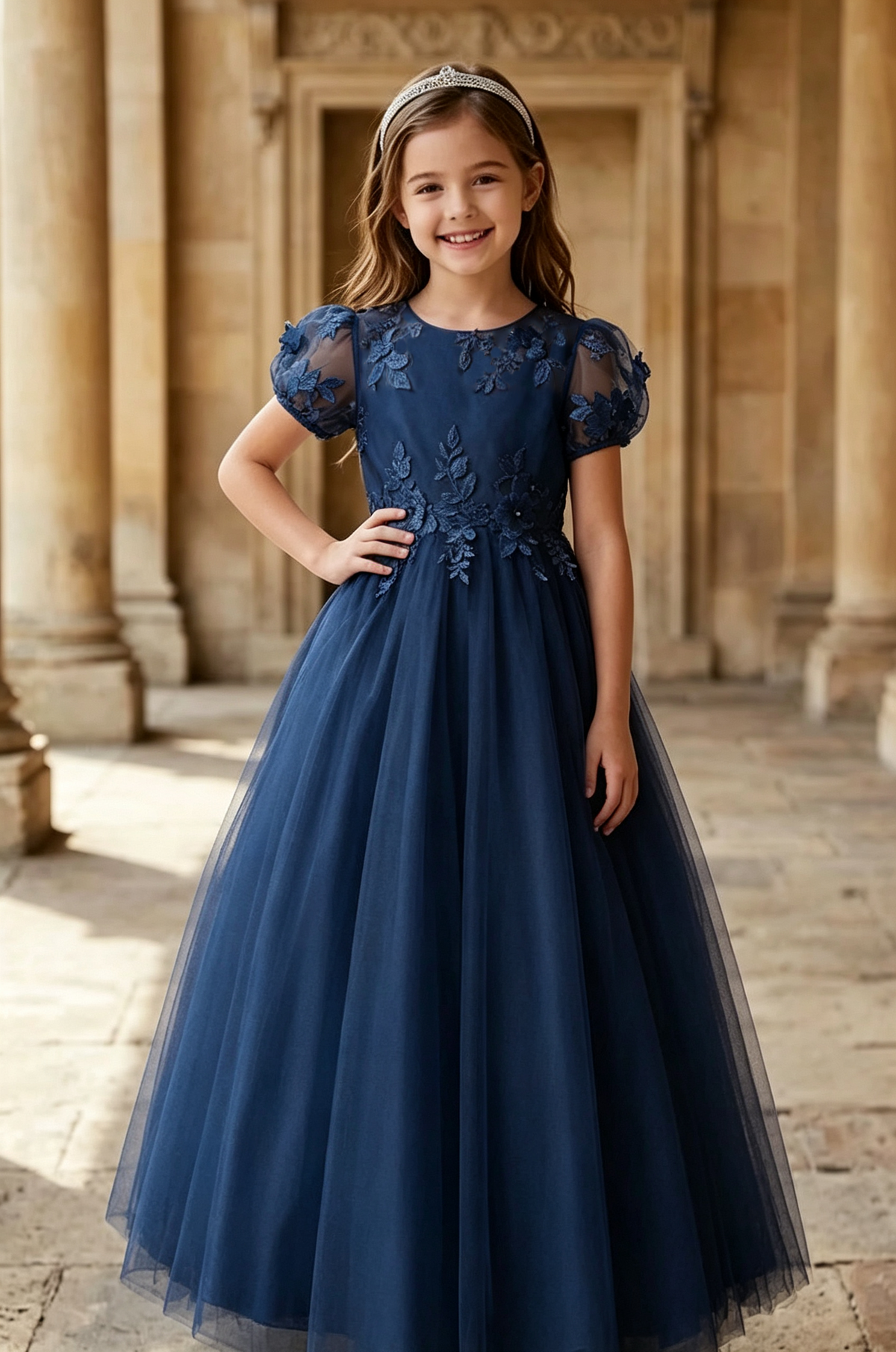 White Puff Short Sleeves Lace 3D Floral Appliques Tulle A-Line Flower Girl Dress