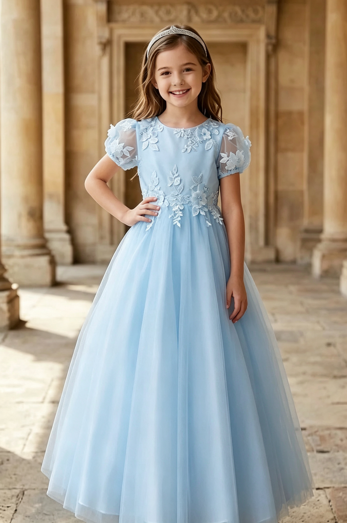 White Puff Short Sleeves Lace 3D Floral Appliques Tulle A-Line Flower Girl Dress