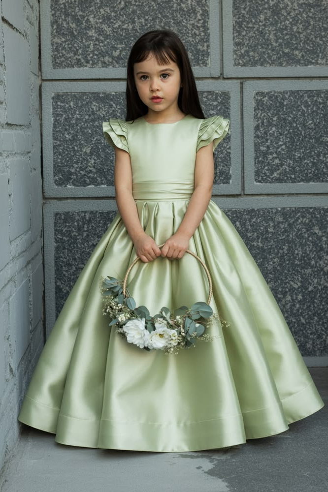 Sage Green Satin Ruffle Cap Sleeves V-Back A-Line Flower Girl Dress