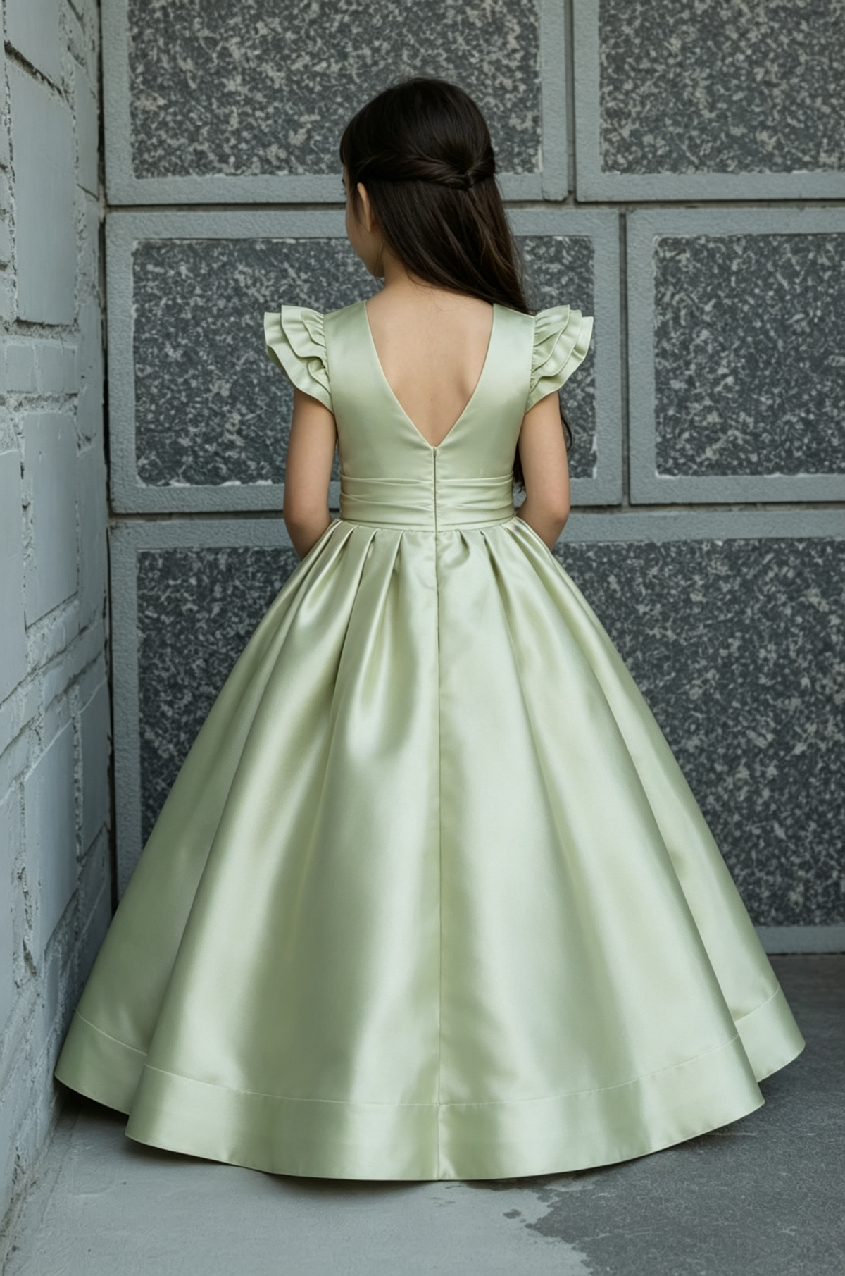 Sage Green Satin Ruffle Cap Sleeves V-Back A-Line Flower Girl Dress