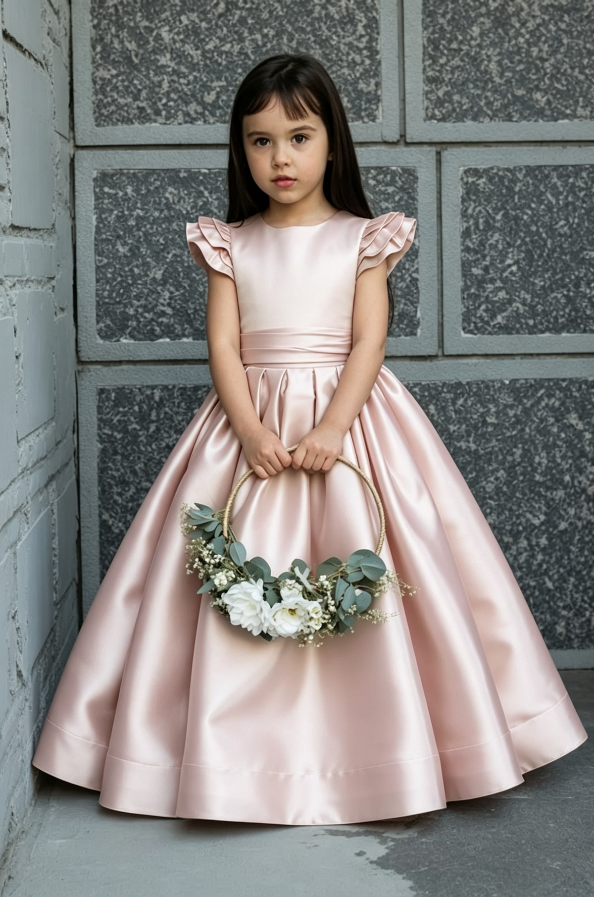 Sage Green Satin Ruffle Cap Sleeves V-Back A-Line Flower Girl Dress