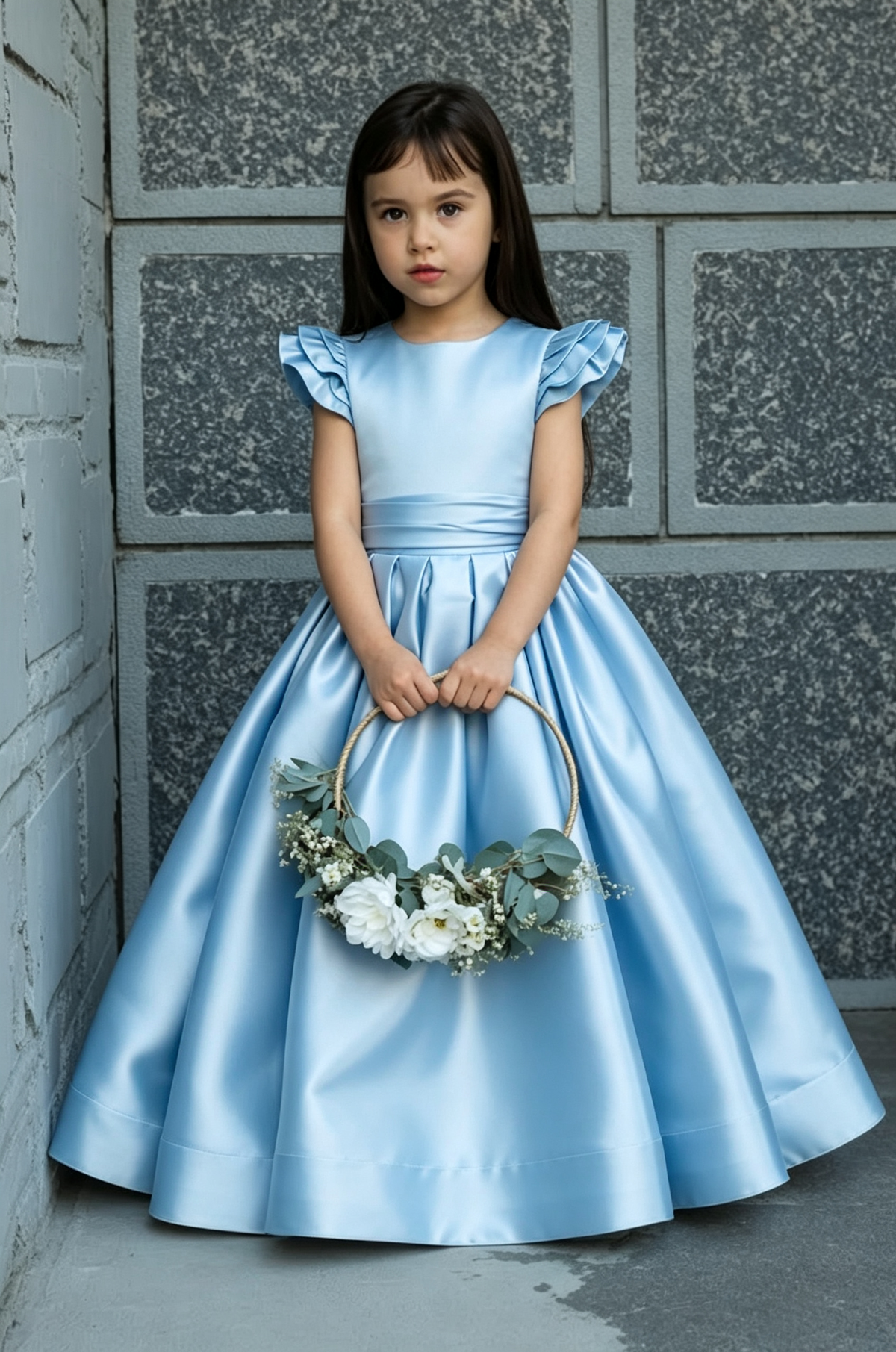 Sage Green Satin Ruffle Cap Sleeves V-Back A-Line Flower Girl Dress